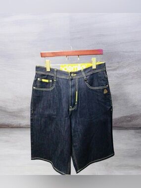Men's Dark Blue Denim Jean Shorts with Yellow Trim